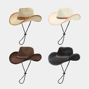 Western Cowboy Straw Hat Wide Brim Sun Protection Breathable Adjustable Windproof Rope Rhinestone Rivet Belt Vintage