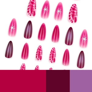 Almond shaped press-on nails with crocodile pattern, leopard print and pink starburst designs