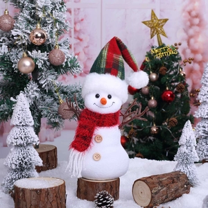 Christmas snowman plush doll with red plaid hat and scarf on a festive wooden base