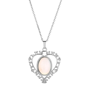 Collier avec pendentif cœur vintage en opale, filigrane argenté et pierre d'agate