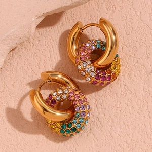 Detail of 18k gold plated hoop earrings with micro-set multi-color cubic zirconia