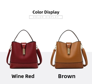 Comparison of wine red and brown leather bucket bags with crocodile texture detail