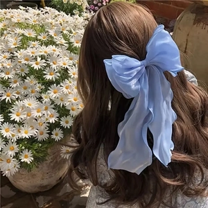 Light blue large silk ribbon bow clip worn on curly hair with daisy floral background