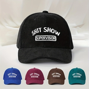 Close-up of corduroy baseball caps with Shit Show Supervisor embroidery in various colors