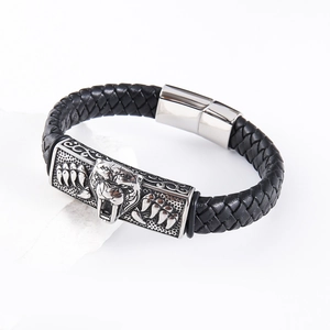 Braided black leather bracelet for men featuring a silver stainless steel lion head clasp