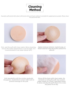 Step-by-step cleaning guide for round high-density makeup sponges with text instructions