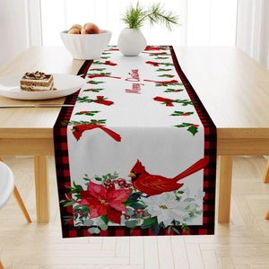 Linen Christmas table runner with red cardinal and buffalo plaid Merry Christmas design
