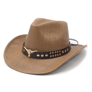 Brown woven western cowboy straw hat featuring a golden bull head metal emblem decoration