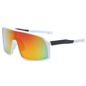 Detail of white sport sunglasses with orange gradient lens and non-slip temples