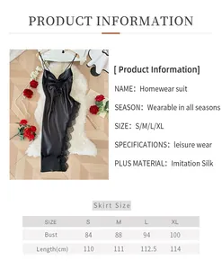 Detailed size chart for women's black imitation silk slip nightdress with lace details