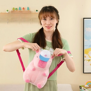 Pink Capybara plush backpack detail featuring a mini baseball cap and soft fuzzy texture