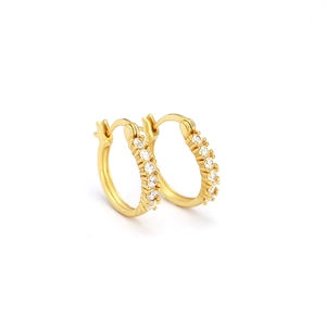 Elegant gold hoop earrings featuring sparkling white zircon stones in a minimalist design