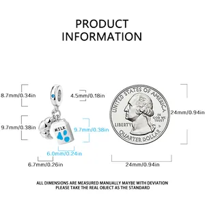 Detailed size specifications for silver milk carton and croissant charm beads