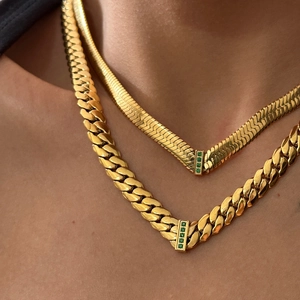18K gold-plated titanium steel snake and Cuban chain necklaces with emerald zircons