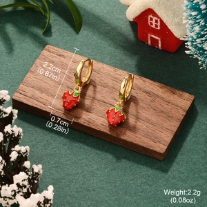 Detailed view of red strawberry earrings with size and weight specs in cm and inches
