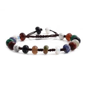 Adjustable woven bracelet with multi-colored natural stone beads and brown cord