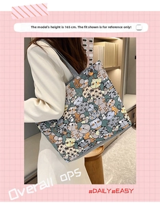 Detailed view of the thick canvas tote bag featuring a cute cartoon cat print pattern
