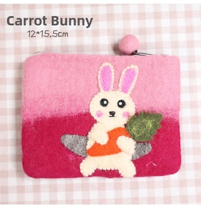 Pink felt storage pouch with rabbit design and carrot detail, size 12x15.5cm