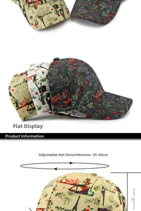 Details van de verstelbare band en vintage Parijs-print op deze canvas baseballpet