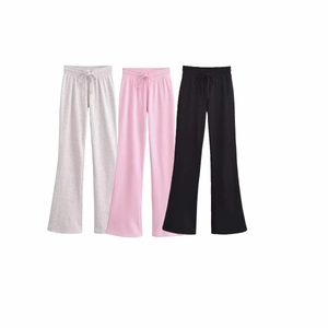 Casual cotton lounge set featuring a high-waisted drawstring flare pants in three colors