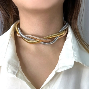 Three-tone braided 18K gold plated herringbone choker necklace in gold, silver, and rose gold