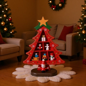 Detailed view of a red wooden Christmas tree display shelf with miniature figurines