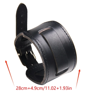 Classic black leather punk bracelet with buckle strap and 28cm size dimensioning