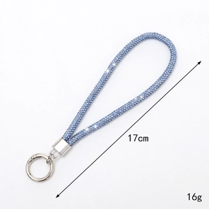 Luxury 17cm light blue rhinestone phone wrist strap with silver metal ring buckle