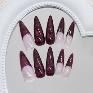 French wine red cat eye stiletto press on nails with vine floral patterns and gold accents
