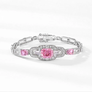 Elegant S925 sterling silver bracelet featuring a pink square gemstone and white zircons