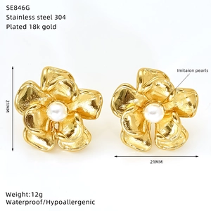 Detail view of 18k gold plated flower earrings with imitation pearls and size specs