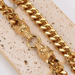 Golden Viking double wolf head pendant with punk style cuban link stainless steel chain