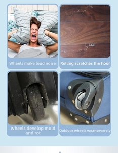 Detail view showing suitcase wheels damage with noise, scratches, mold, and wear problems