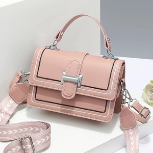 Pink macaron tote bag with contrast stitching and patterned wide shoulder strap