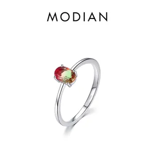Minimalist S925 sterling silver ring featuring an oval gradient watermelon tourmaline stone
