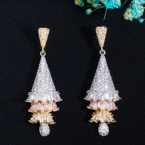 Three-tone gradient crystal drop earrings with sparkling zircon inlay on black background