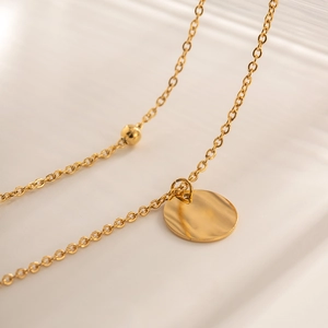 Minimalist double-layered 18K gold stainless steel bead chain necklace with round pendant