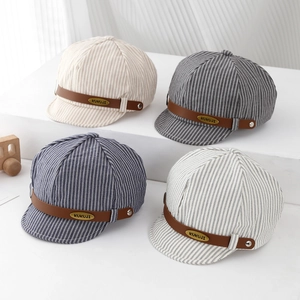 Baby Kids Striped Newsboy Cap Cotton Breathable Octagonal Hat With PU Leather Strap Vintage Style Flat Beret
