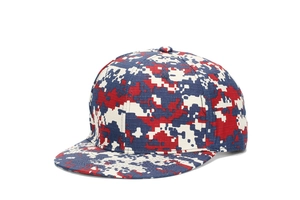 Detail of red white and blue digital camouflage patterns on a flat brim baseball hat