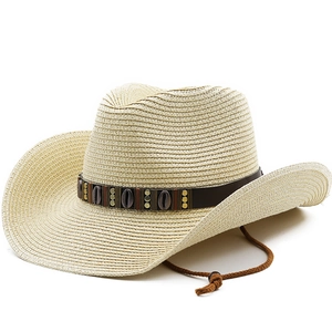 Western Cowboy Straw Hat With Shell Leather Band Wide Brim Sun Protection Summer Beach Fedora For Men Women Adjustable Rope