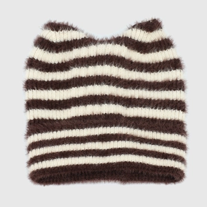 Gestreifte Strickmütze mit Katzenohren für Damen, dicke warme Wintermütze in Braun