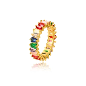 Gold eternity ring featuring colorful baguette-cut rainbow cubic zirconia stones