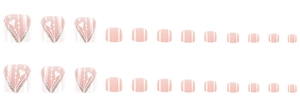 Flat lay of 24pcs pink press-on toenails with heart patterns and silver glitter detail