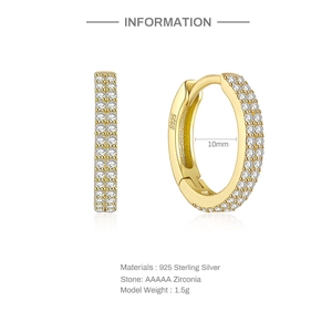 Close-up of gold S925 sterling silver hoop earrings with AAAAA zirconia and hallmark