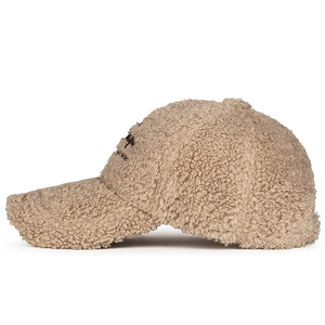 Winter faux shearling baseball cap with side letter embroidery in camel brown color
