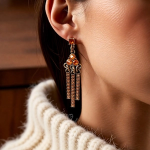 Close-up of vintage golden drop earrings with orange gems and elegant fringe tassels