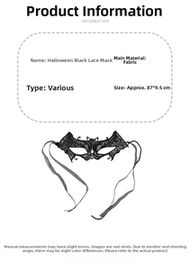 Detail view of black lace Halloween mask with bat design and 87x9.5cm size specifications