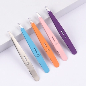 Japanese style stainless steel eyebrow tweezers in five vibrant colors with protective caps