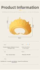 Macro view of adjustable yellow crown shampoo cap with dimensions 24x22x10cm for babies