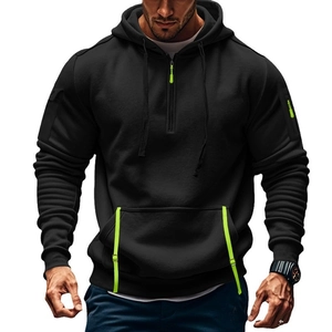 Men's black fleece hoodie with neon green zippers and sleeve utility pocket detail